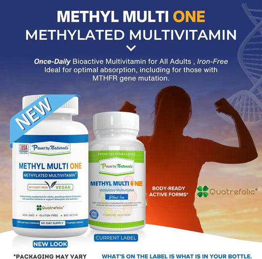 Power By Naturals Methyl Multi One - Methylated Multivitamin with Methylfolate & Methyl B12 for MTHFR Maintenance, 60 Capsules, 2 Month Supply, Made in USA (Packaging May Vary)