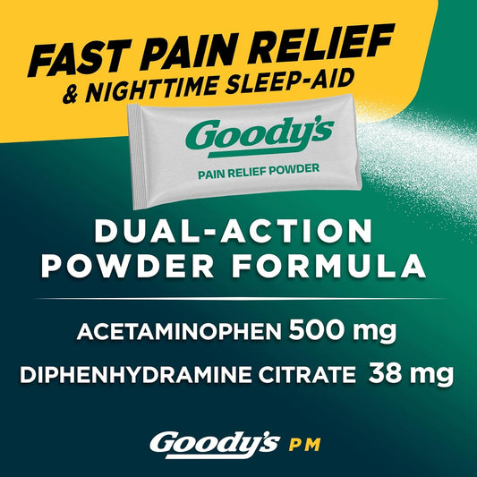 Goody's PM Nighttime Powder, Acetaminophen 500mg, Dissolve Packs for Pain with Sleeplessness, 6 Individual Packets, 12 Pack