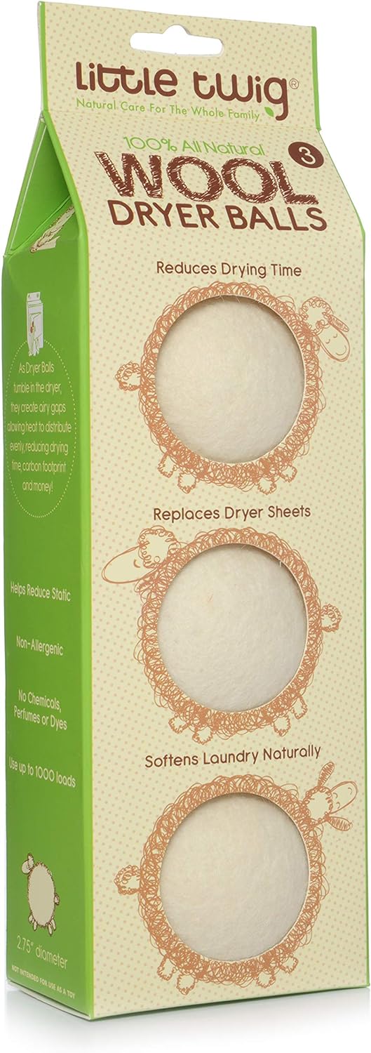 Little Twig All Natural Reuseable Wool Dryer Balls, Fragrance Free, Pack of 3