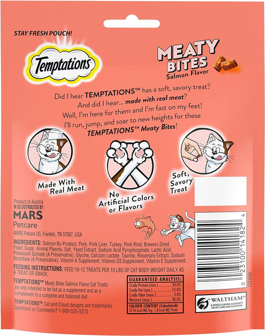 TEMPTATIONS Meaty Bites, Soft and Savory Cat Treats, Salmon Flavor, 4.12 oz. Pouch
