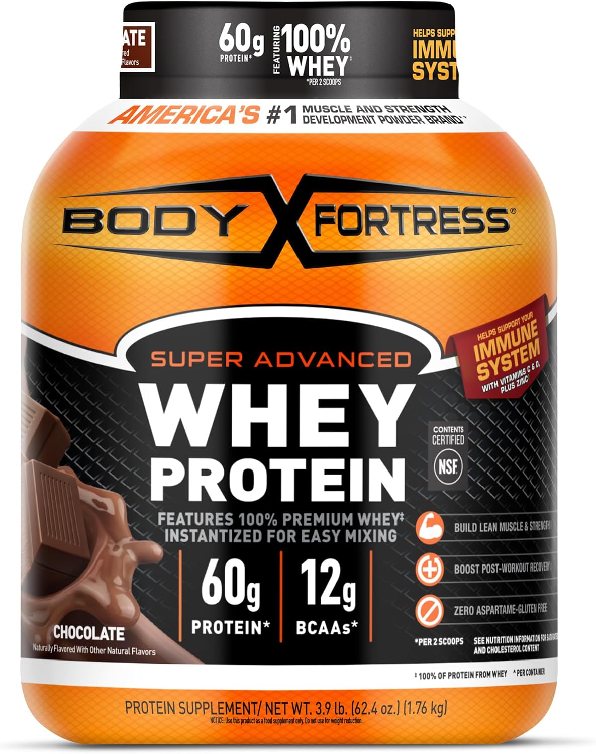 Body Fortress Super Advanced Whey Protein Powder, Chocolate, 60G Protein & 12G Bcaas Per 2 Scoops, Muscle Gain & Recovery, Immune Support With Vitamins C & D, 3.9Lbs (Packaging May Vary)