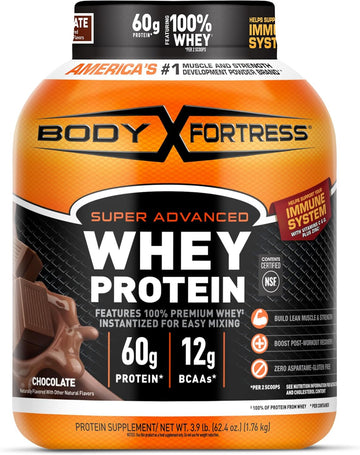 Body Fortress Super Advanced Whey Protein Powder, Chocolate, 60G Protein & 12G Bcaas Per 2 Scoops, Muscle Gain & Recovery, Immune Support With Vitamins C & D, 3.9Lbs (Packaging May Vary)