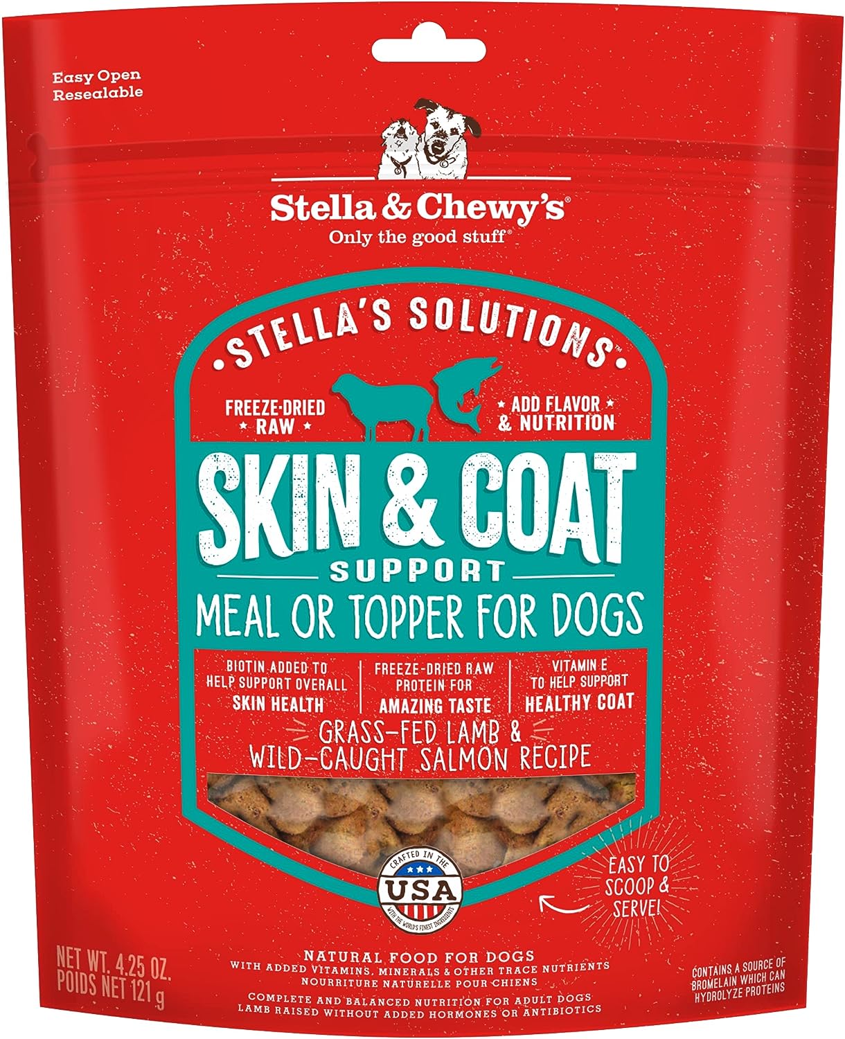 Stella & Chewy's – Stella’s Solutions Skin & Coat Boost – Grass-Fed Lamb & Wild-Caught Salmon Dinner Morsels – Freeze-Dried Raw, Protein Rich, Grain Free Dog Food – 4.25 oz Bag