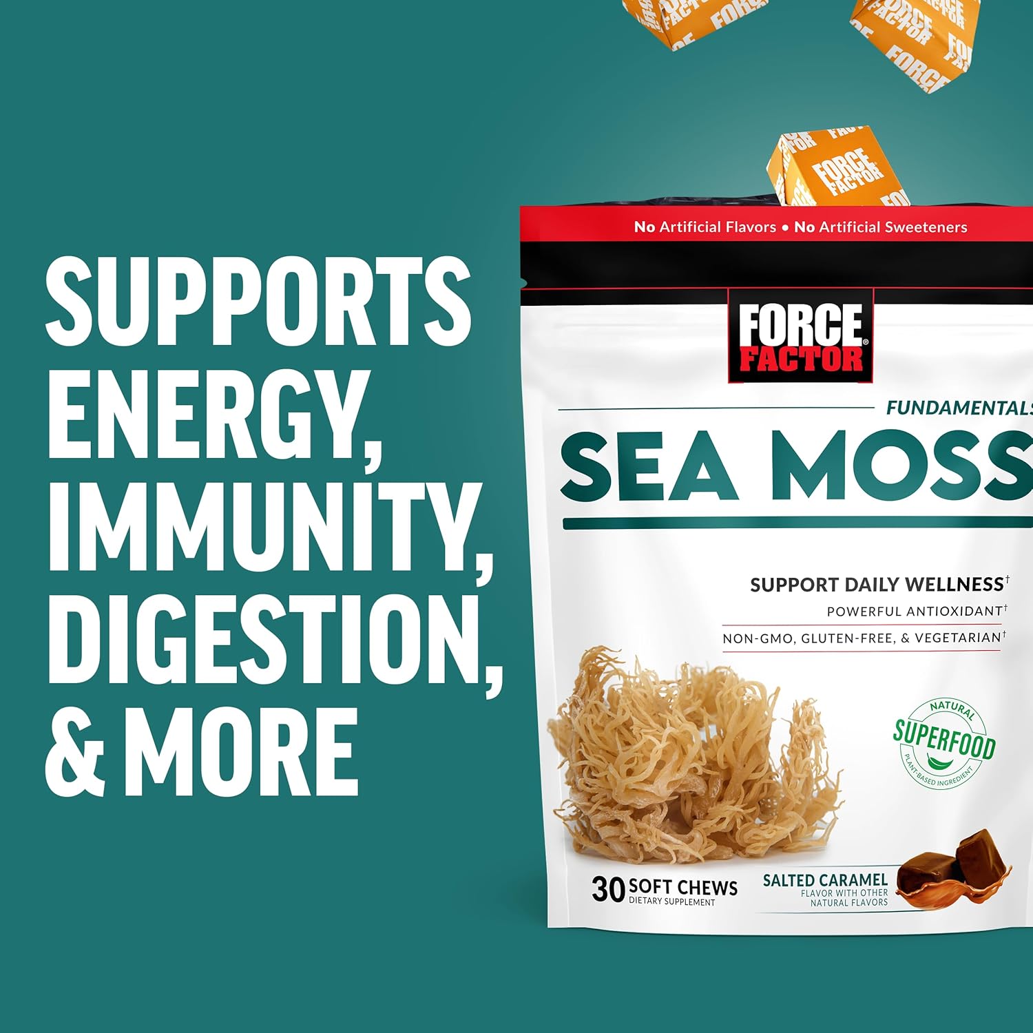 Force Factor Sea Moss Soft Chews, Support Immunity, Digestion, And Heart Health, Irish Sea Moss Superfood & Antioxidants Supplement, Non-Gmo, Gluten-Free, Salted Caramel Flavor, 60 Soft Chews
