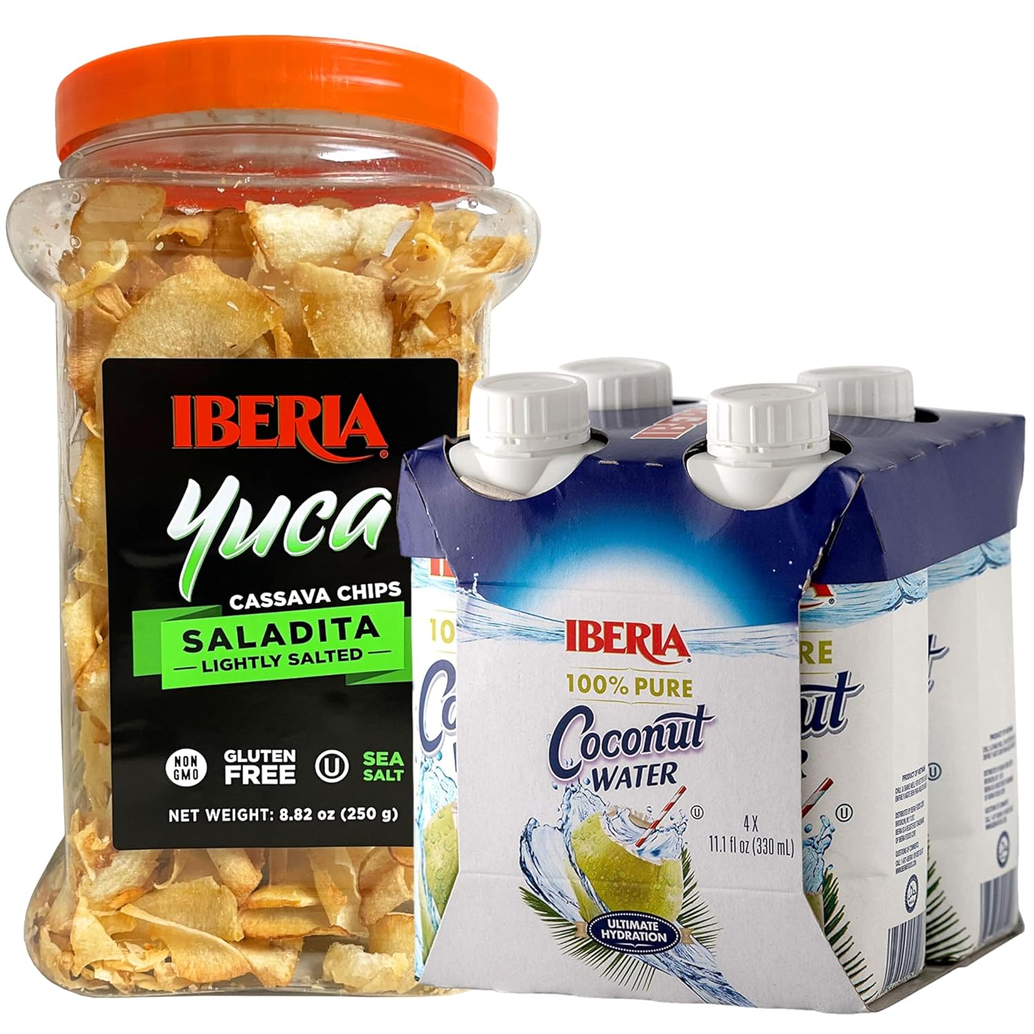 Iberia Yuca/Cassava Chips, 8.8 Oz + Iberia 100% Natural Coconut Water 11.1 Oz (Pack Of 4)