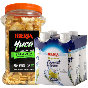 Iberia Yuca/Cassava Chips, 8.8 Oz + Iberia 100% Natural Coconut Water 11.1 Oz (Pack Of 4)