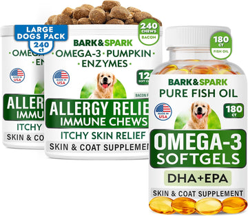 Allergy Relief + Omega 3 Bundle - Anti-Itch Skin&Coat Supplement + Skin Allergy - Omega 3 Fish Oil + Epa& Dha Fatty Acids - Itching&Paw Licking + Joint Health - 240 Chews + 180 Softgels - Made In Usa