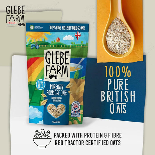 Glebe Farm Gluten Free Pureoaty Organic Porridge Oats 6Pk, Healthy Wholegrain For Slow Release Energy, 100% British, All-Natural & High In Fibre, Tasty Porridge, No Nasties, 6X 450G