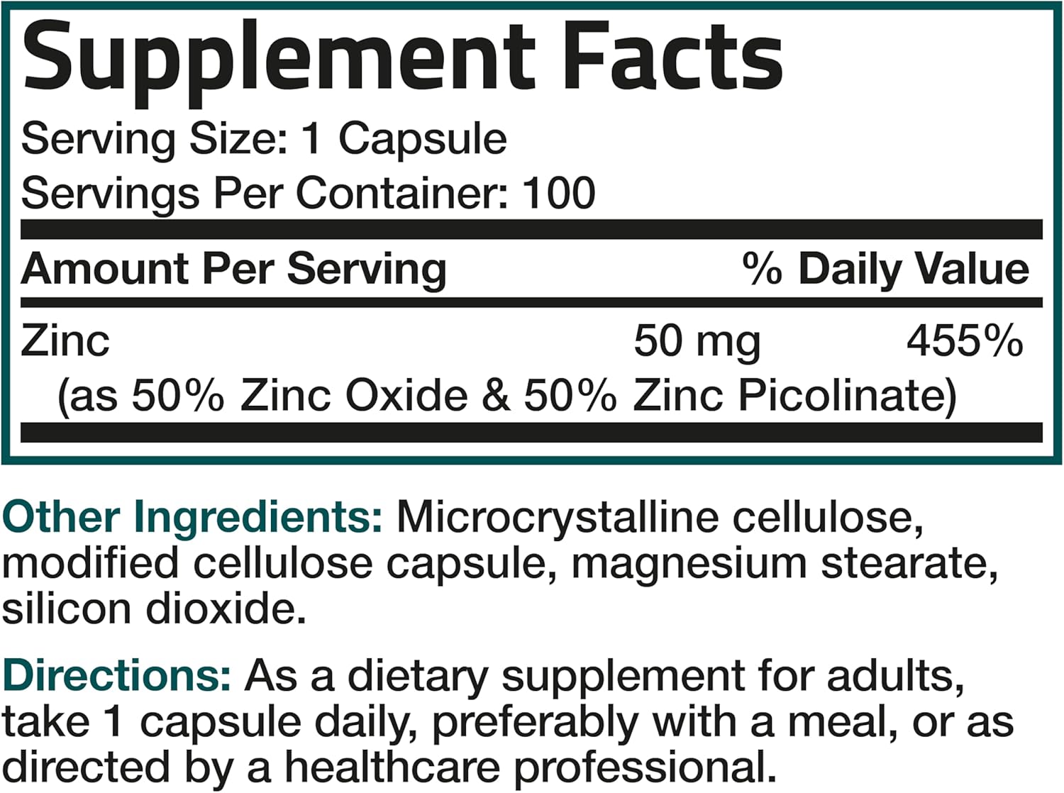 Bronson Zinc 50mg Complex (Zinc Oxide 50% & Zinc Picolinate 50%) High Potency Immune Support Supplement & Antioxidant and Skin Health - Non GMO, 100 Vegetarian Capsules : Health & Household