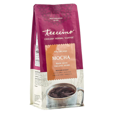 Teeccino Mocha Chicory Coffee Alternative - Ground Herbal Coffee That’S Prebiotic, Caffeine-Free & Acid Free, Medium Roast, 11 Ounce