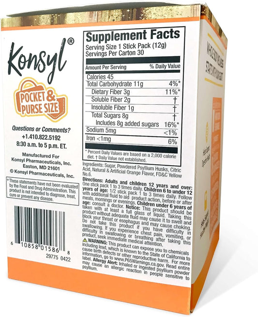 Konsyl Daily Fiber Orange 100% Natural Psyllium Husk Powder - Naturally Sweetened - Gluten Free - 30 Individual Stickpacks