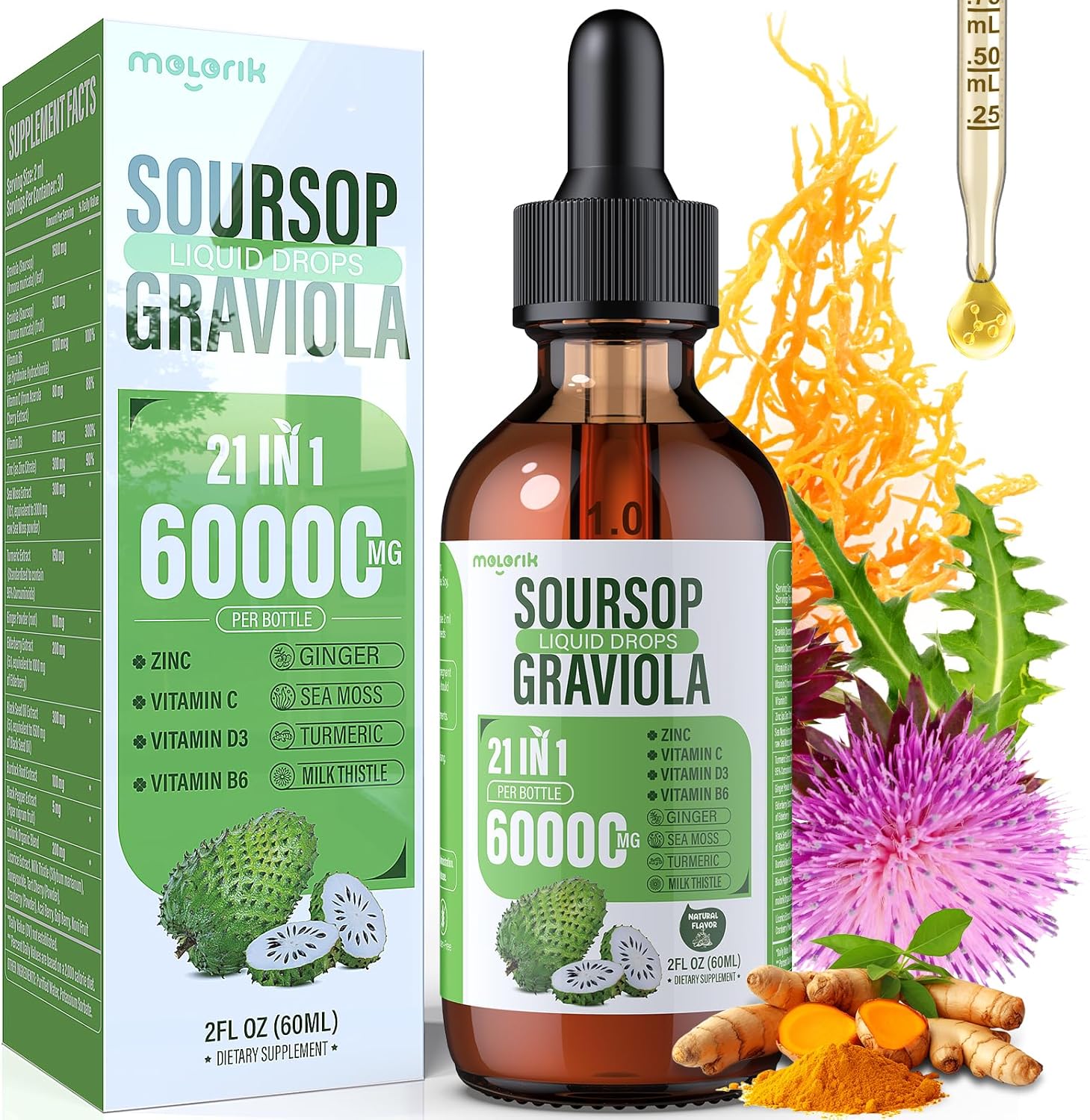 21-In-1 Soursop Graviola Liquid Drop, Soursop Bitters Liquid 2000Mg Organic Soursop Leaves & Fruit With 300Mg Sea Moss, Zinc, Vitamins For Cellular, Immune, Skin, Digestive, Natural Flavor, 60Ml