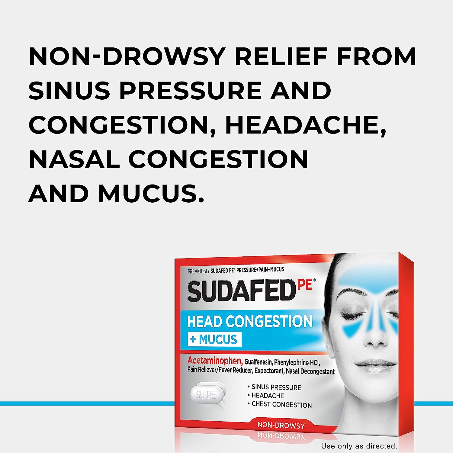 Sudafed PE Head Congestion + Mucus Relief Tablets for Sinus Pressure, Congestion, & Headache, Non-Drowsy Decongestant with Acetaminophen, Guaifenesin & Phenylephrine HCI, 24 ct : Health & Household