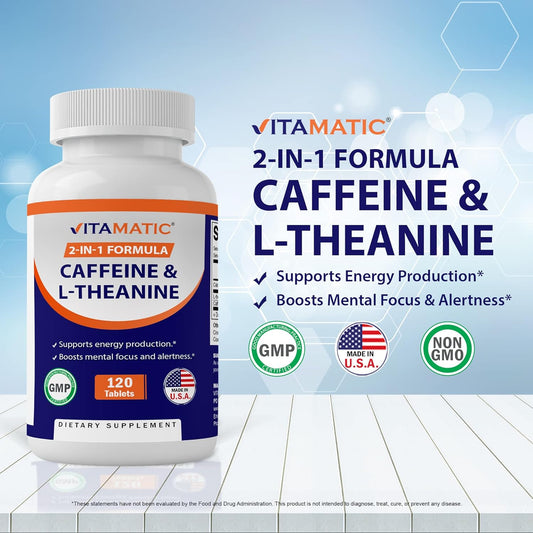 Vitamatic L-Theanine 200mg with Caffeine 100mg 120 Vegetarian Tablets - Nootropic Supplement for Focused Energy