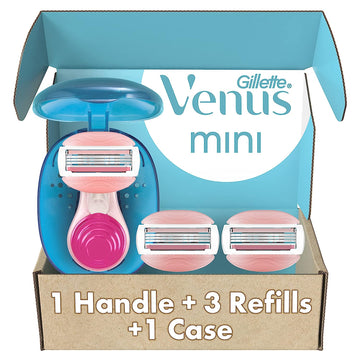 Gillette Venus Mini ComfortGlide White Tea Razors for Women, Includes 1 Mini Handle + 3 Refills + 1 Case