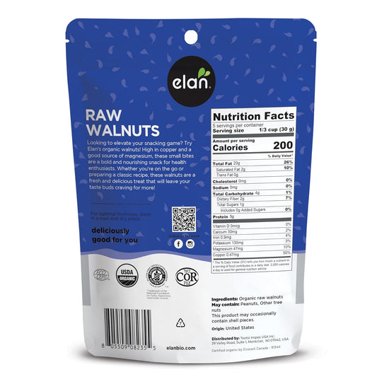 Elan Organic Walnuts, 5.3 oz, Raw Nuts, Unsalted, Unroasted, No Shell, Non-GMO, Vegan, Gluten-Free, Kosher, Healthy Snacks
