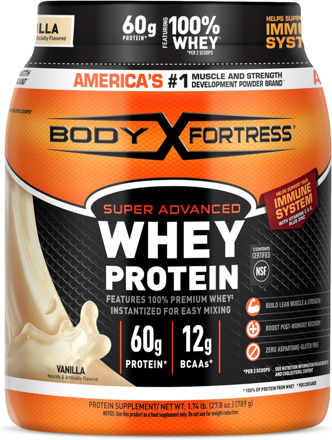 Body Fortress Super Advanced Whey Protein Powder, Vanilla, Immune Support (1), Vitamins C & D Plus Zinc, 1.78 Lbs