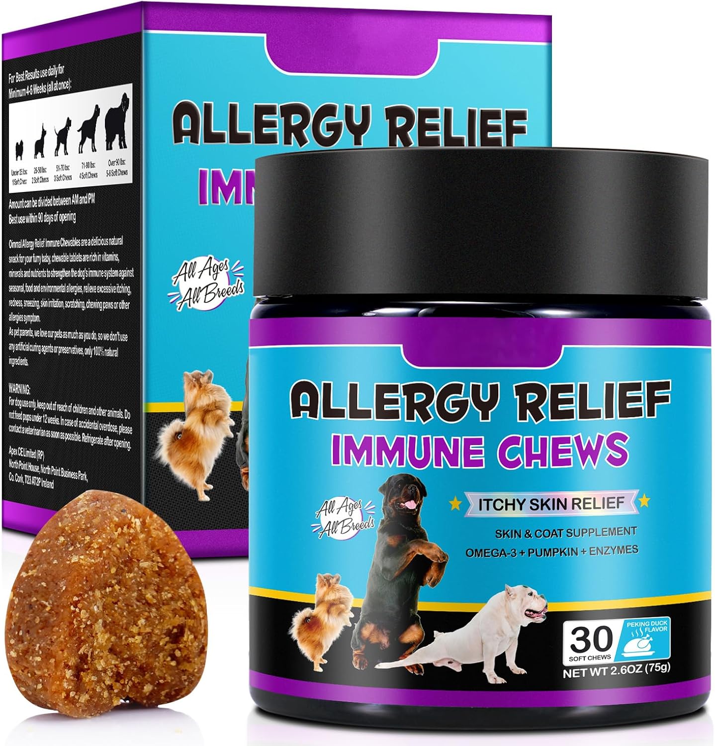 Hualijia Dog Allergy Relief Treats, Itch And Immunity Treats For Dogs - Soothe Itchy Skin, Paws, Eyes, Ears - Stop Itching, Licking, Scratching For All Breeds And Sizes, Peking Duck Flavor (60 Count)