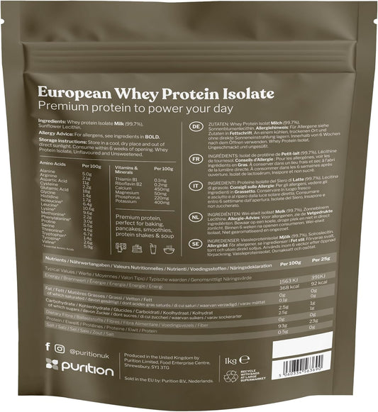 Purition - 100% Whey Protein Isolate, 93% Protein, Triple-Filtered, Unsweetened, Unflavoured, Soy Free, Low Fat, 23G Protein Per Serving, 20 Servings - 500G
