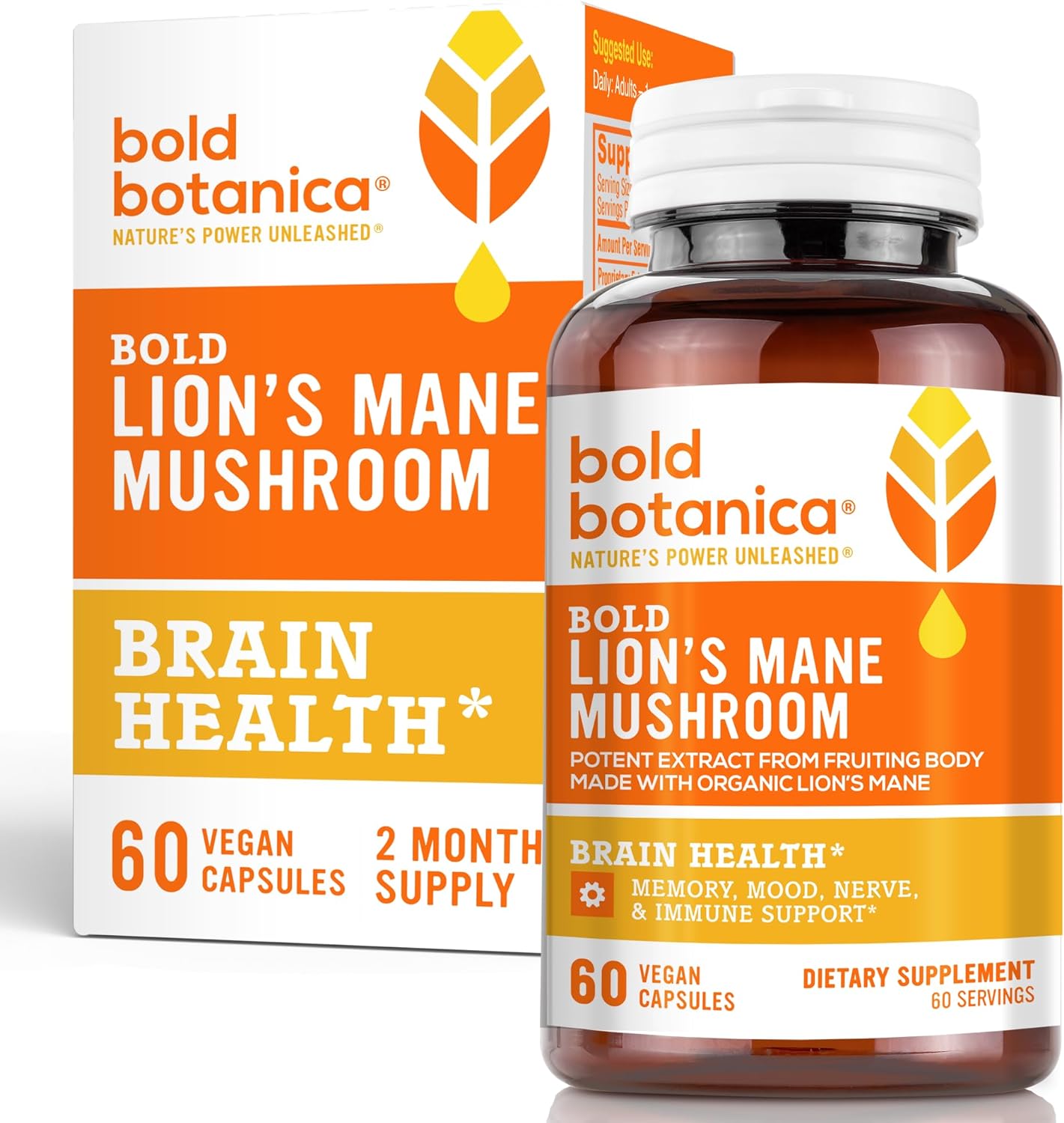 Bold Botanica Lion?s Mane Mushroom Capsules - 100% Fruiting Body ? Concentrated Organic Lion?s Mane Extracts ? Nootropic Brain Health ? Memory, Mood, Immune Support ? 60 Vegan Capsules