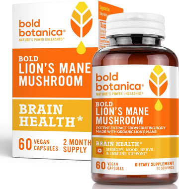 Bold Botanica Lion?s Mane Mushroom Capsules - 100% Fruiting Body ? Concentrated Organic Lion?s Mane Extracts ? Nootropic Brain Health ? Memory, Mood, Immune Support ? 60 Vegan Capsules