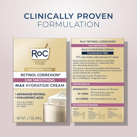 Roc Retinol Correxion Max Hydration Anti-Aging Daily Face Moisturizer With Hyaluronic Acid, Fragrance-Free, Oil Free Skin Care, 1.7 Ounces (Packaging May Vary)