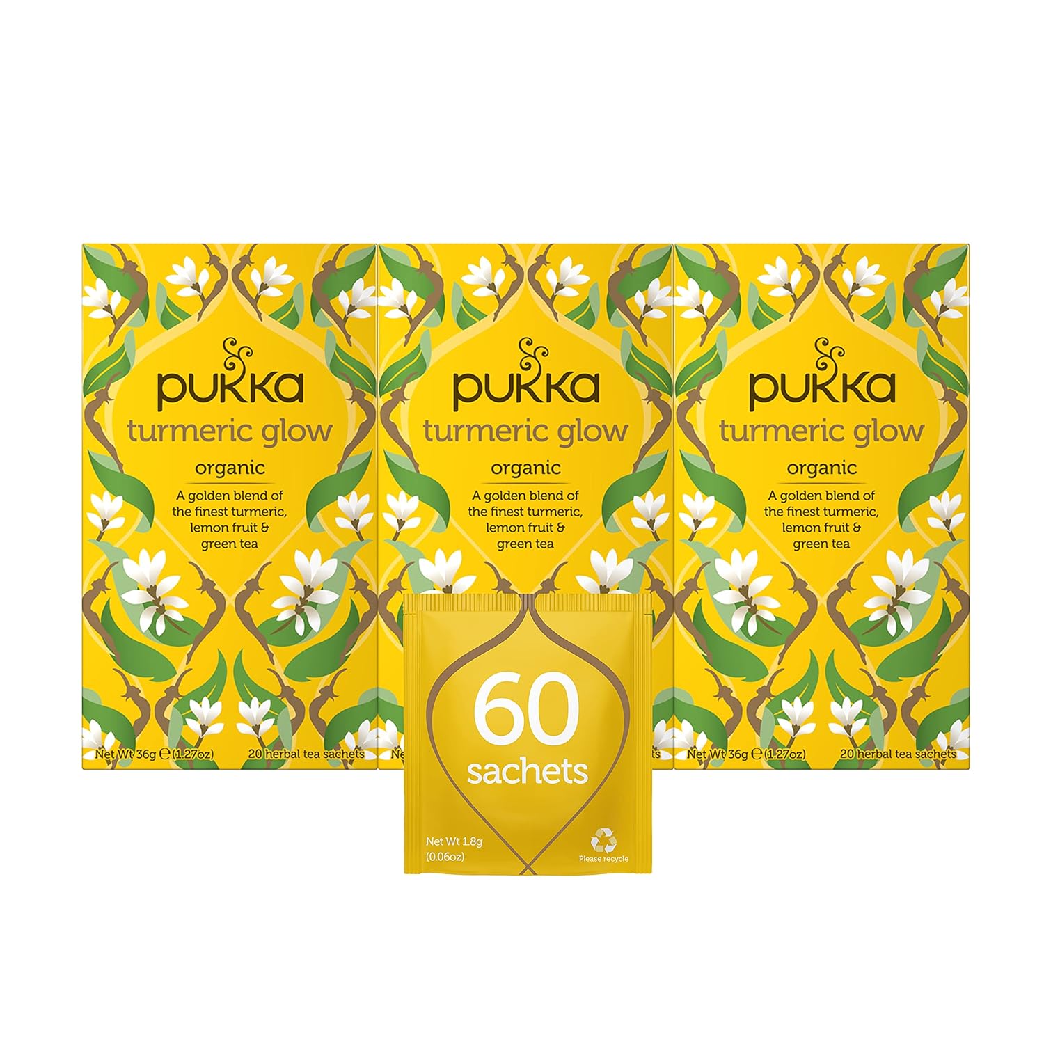 Pukka Organic Tea Bags, Turmeric Glow Herbal Whole Leaf Green Tea With Lemon, Perfect For Inner Radiance, 20 Count (Pack Of 3) 60 Tea Bags