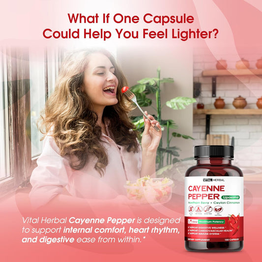 Vital Herbal Liposomal Cayenne Pepper With Hawthorn Berry & Ceylon Cinnamon – Supports Digestion & Immune Health – 150 Capsules – Made In The Usa