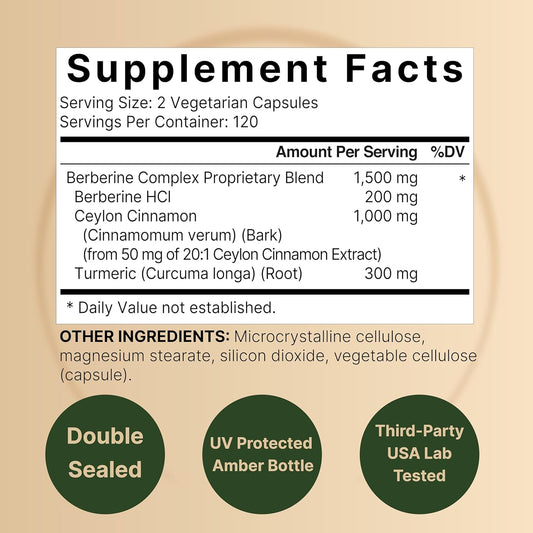 2 Pack Berberine Supplement 1500Mg, 480 Veggie Capsules | Plus 1000Mg True Ceylon Cinnamon & 300Mg Turmeric – 97% Berberine Hcl – Plant-Based, Vegan, Non-Gmo