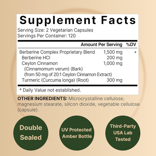 Berberine Supplement | Plus True Ceylon Cinnamon & Turmeric Root – 97% Berberine Hcl – Veggie Capsules, Plant-Based, Vegan, Non-Gmo