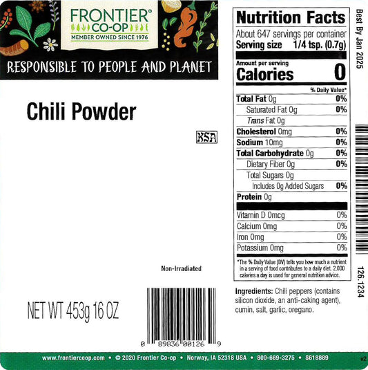 Frontier Co-Op Chili Powder Blend, Traditional (No Salt), Kosher, Salt-Free, Non-Irradiated | 1 Lb. Bulk Bag