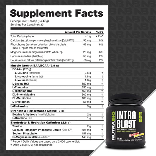 Nutrabio Intra Blast Bcaa Powder Amino Acid Supplement, Electrolyte & Hydration Blend, Intra, Pre Workout & Muscle Recovery, 20G Eaa Amino Acids Powder, 5G Glutamine- Strawberry Lemon Bomb, 30 Serving