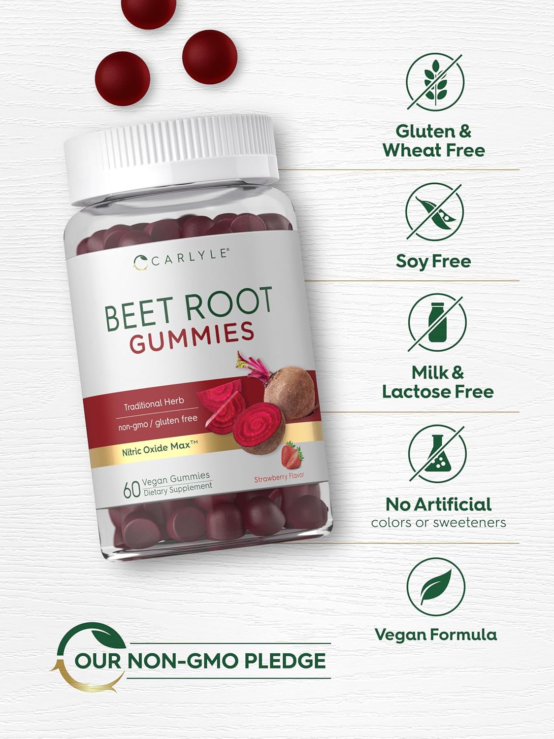 Carlyle Beet Root Gummies | 60 Count | Vegan Strawberry Flavored Chewable Supplement | Non-GMO, Gluten Free : Health & Household