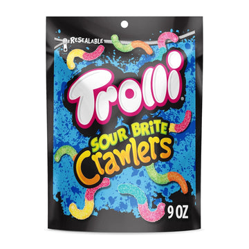 Trolli Sour Brite Crawlers, Candy, Cherry-Lemon, Strawberry-Grape & Orange-Lime, Sweet And Sour, Gummy Worms, Back To School Sweet Treat, 9 Oz