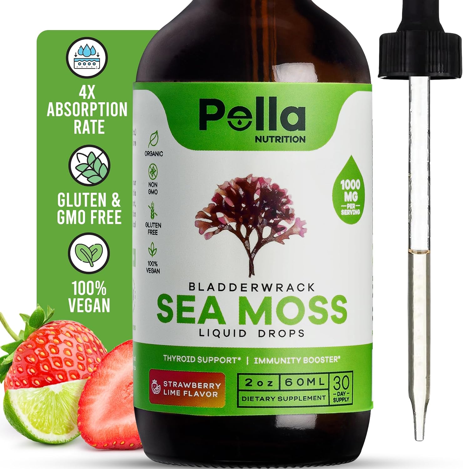 Organic Sea Moss Drops - 1000Mg Irish Sea Moss - 4X Stronger Than Sea Moss Gel, Capsules, And Gummies - Superfood Seamoss - Joint Support Supplement - Immune Support Supplement (Strawberry Lime, 60Ml)