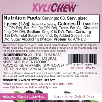 Xylichew 100% Xylitol Chewing Gum - Non Gmo, Non Aspartame, Gluten Free, And Sugar Free Gum - Natural Oral Care, Relieves Bad Breath And Dry Mouth - Licorice, 60 Count