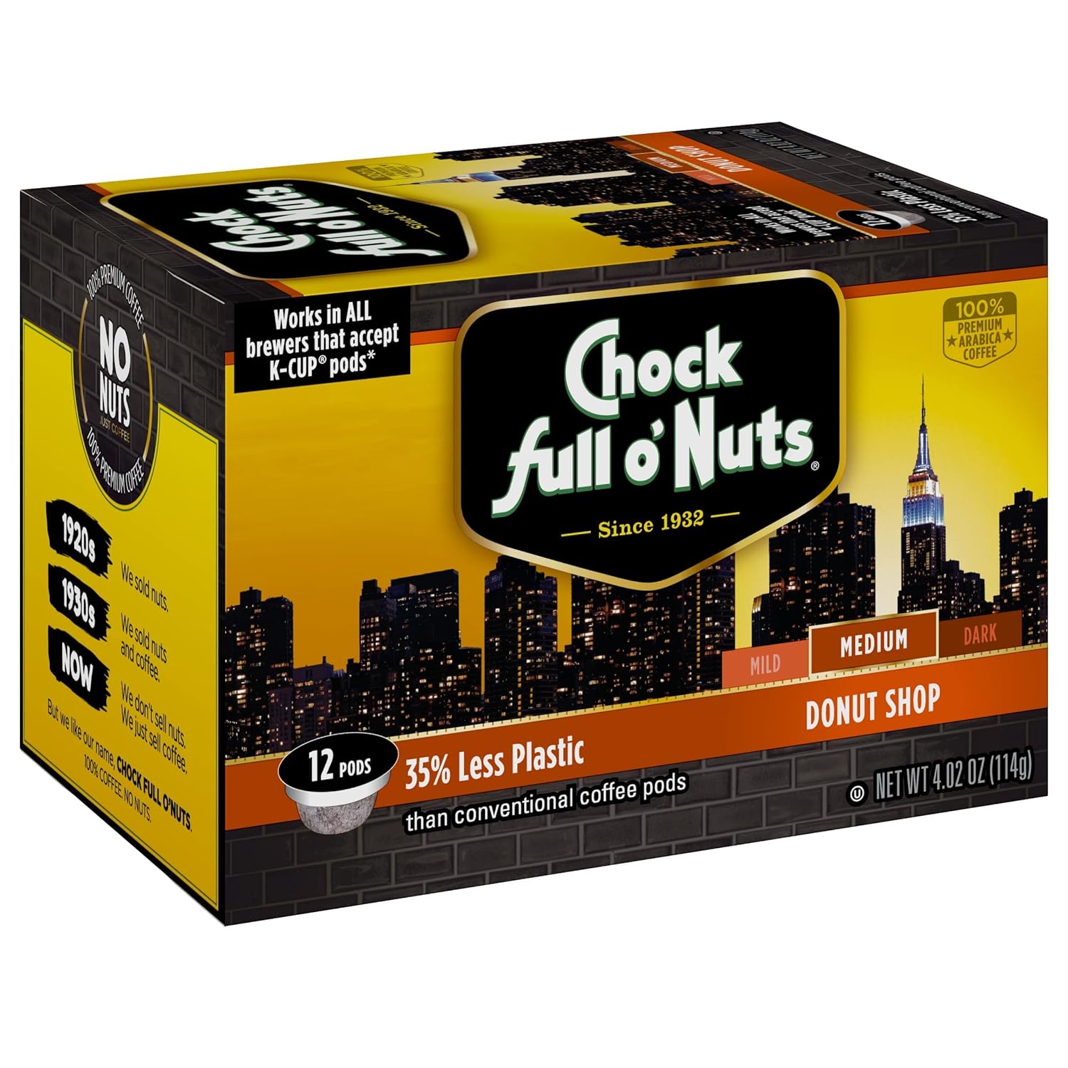 Chock Full o’Nuts Donut Shop, Medium Roast K-Cups – Compatible with Keurig Pods K-Cup Brewers (4 Packs of 12 Single-Serve Cups)