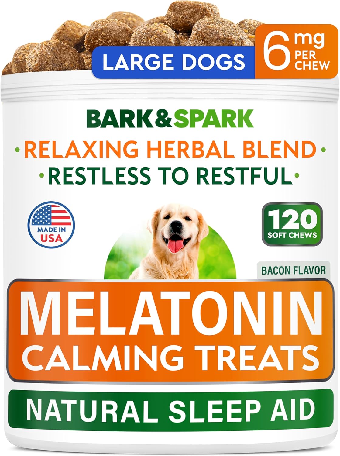 Bark&Spark Calming Melatonin For Dogs Sleep - 6Mg Melatonin Chews For Small & Large Dogs Calm Aid - Calming Treats For Stress Anxiety Relief - Melatonin Chewable Pills & Tablets Puppies - Bacon