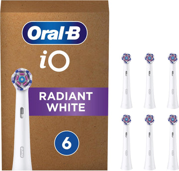 Oral-B Io Radiant White Original Electric Toothbrush Head, Angled Bristles Deeper Plaque Removal, With Polishing Petals For Teeth Whitening, Pack Of 6 Toothbrush Heads, White