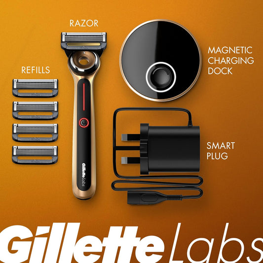 Gillette Labs Heated Razor Gold Edition - 1 Handle, 5 Blade Refills, 1 Charging Dock