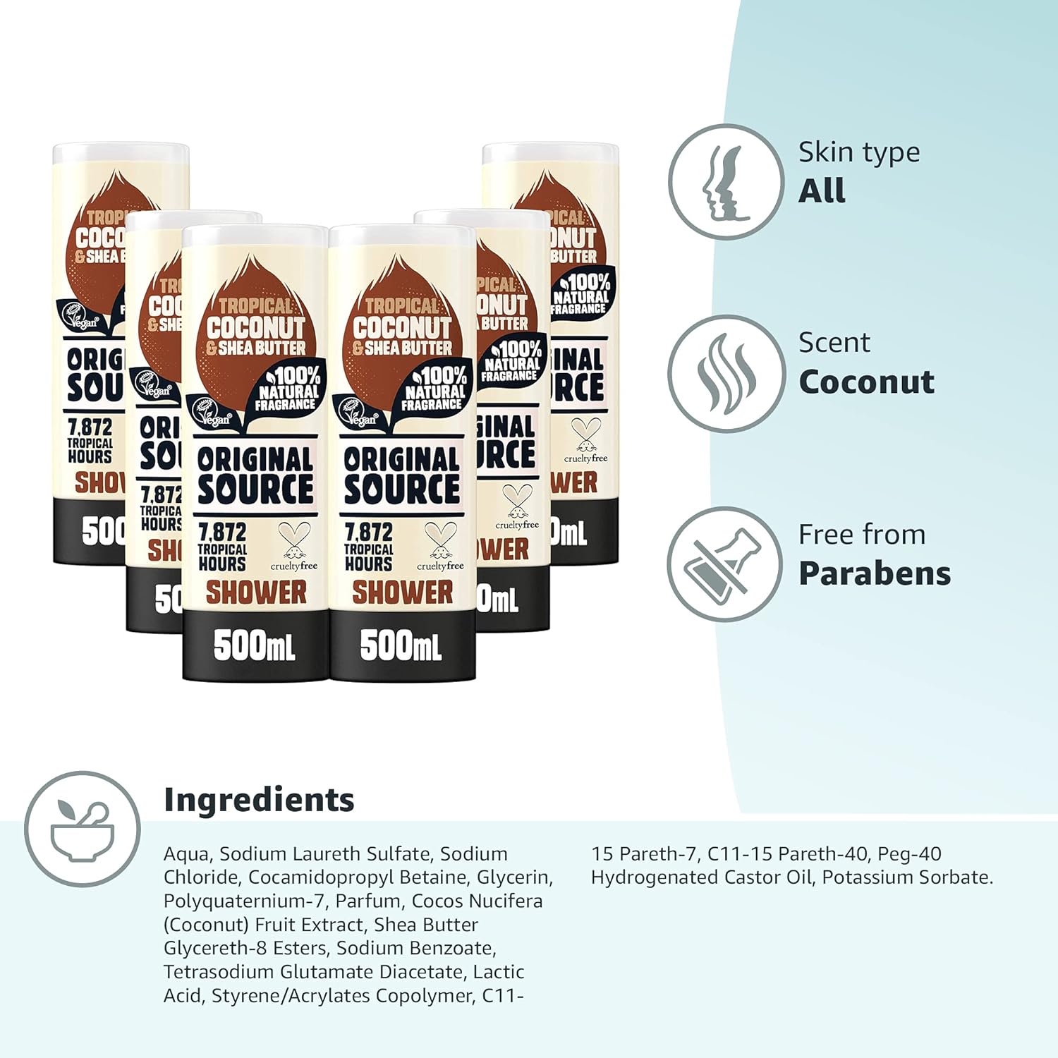 Original Source Coconut and Shea Butter Shower Gel, 100 Percent Natural Fragrance, Vegan, Cruelty Free, Paraben Free, Bulk Buy, Pack of 6 x 500 ml : Amazon.co.uk: Beauty