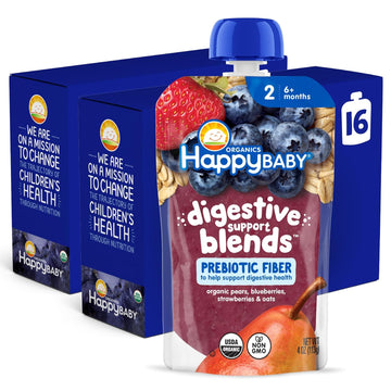 Happy Baby Digestive Support Blends, Organic Stage 2 Baby Food With Prebiotic Fiber, Pear, Blueberries, Strawberries & Oats, 4 Ounce Pouch (Pack Of 16)