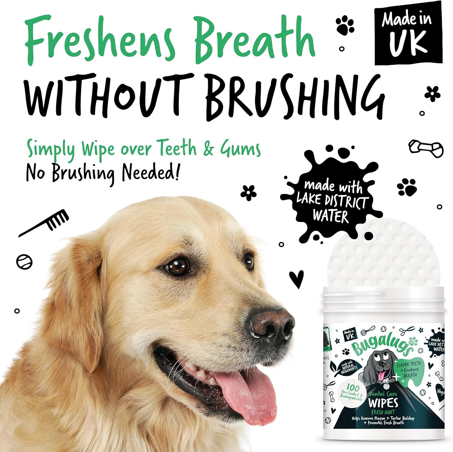 BUGALUGS Dog Breath Freshener Dog Teeth Wipes - Dog Plaque Remover Dog Wipes & tartar remover for teeth. Dog Teeth Cleaning Product No Dog Toothbrush And Toothpaste Brushing Needed (Dog 100 Wipes) :Pet Supplies