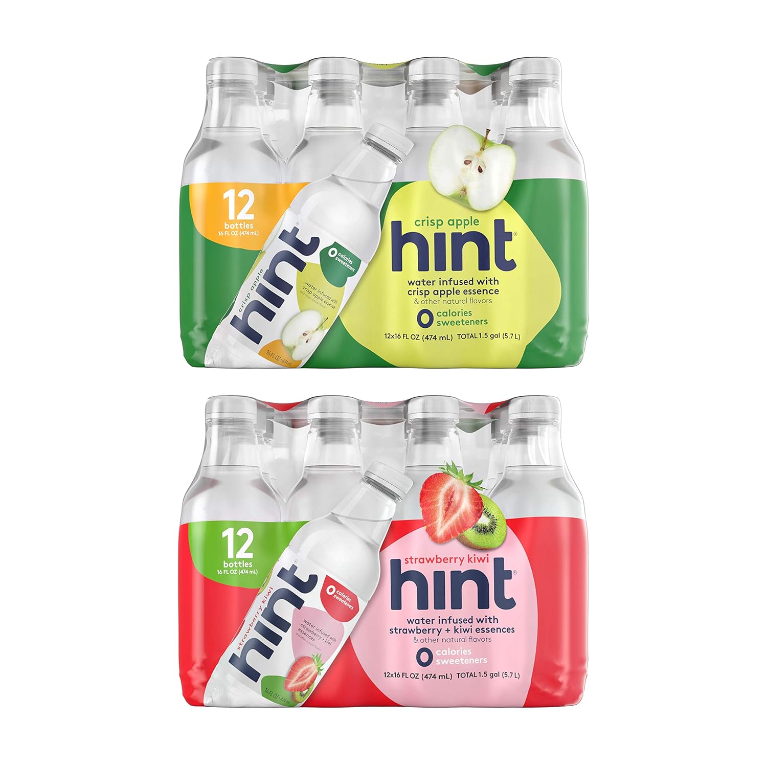 Hint Water Crisp Apple And Hint Water Strawberry Kiwi (Pack Of 24), 12 Bottles Hint Crisp Apple & 12 Bottles Hint Strawberry Kiwi, Zero Calories, Zero Sugar And Zero Diet Sweeteners, 16 Ounce Bottles