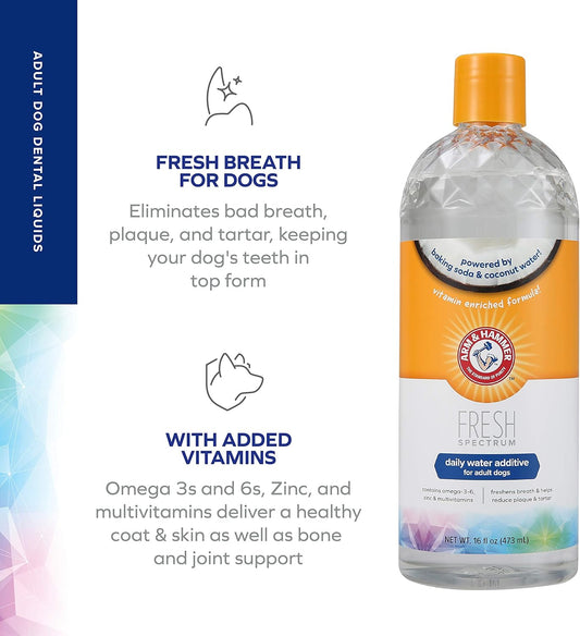 Arm & Hammer For Pets Fresh Spectrum Dental Water Additive For Dogs Baking Soda Enhanced Dog Dental Care Product Helps Freshen Breath And Reduce Plaque & Tartar, 16.9 Fl Oz