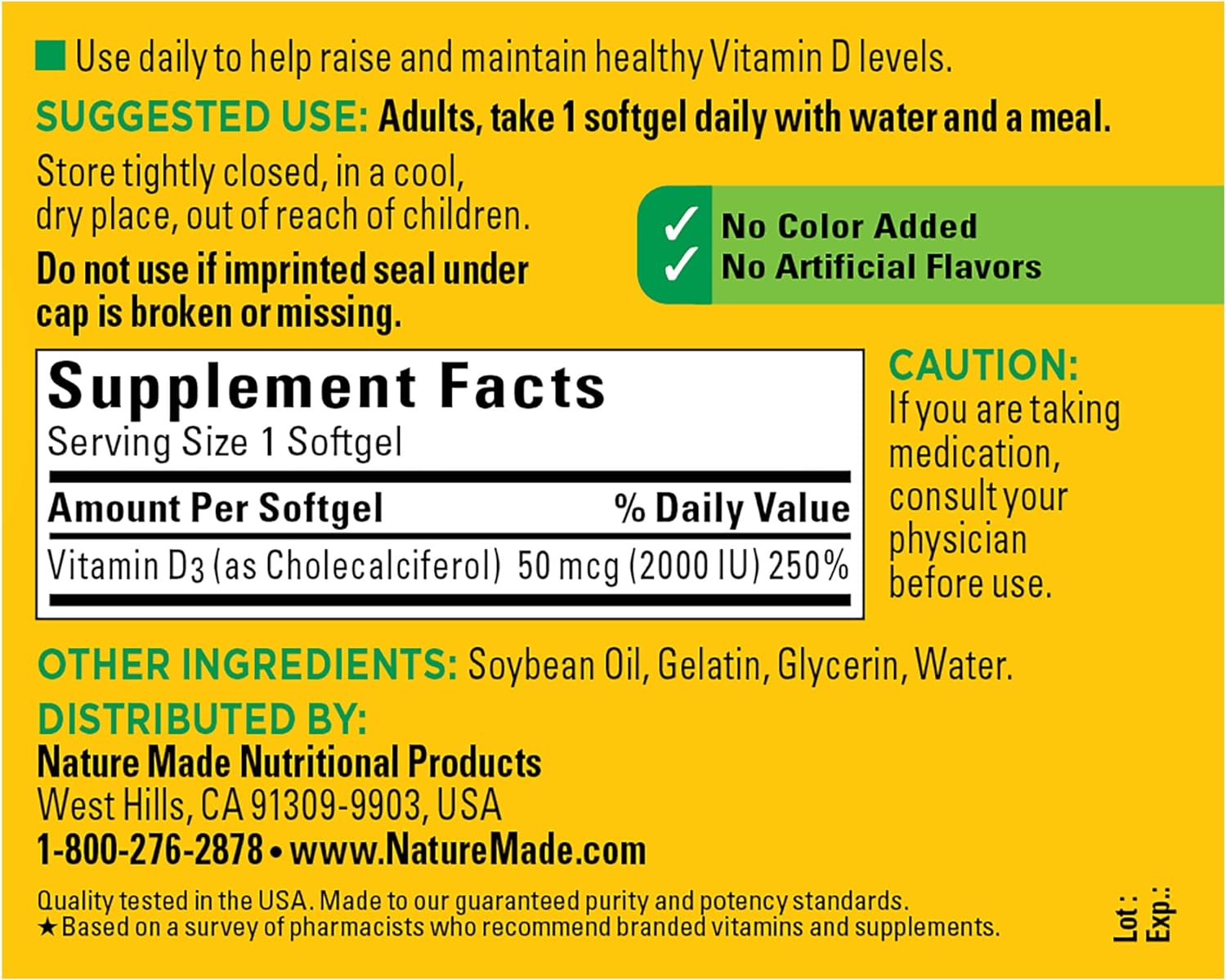 Nature Made Vitamin D3 2000 IU (50 mcg), Dietary Supplement for Bone, Teeth, Muscle and Immune Health Support, 250 Softgels, 250 Day Supply : Health & Household