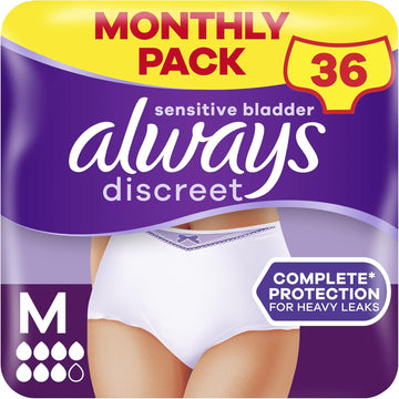 Always Discreet Incontinence Pants Women, Medium, UK Size 10-16, White, Absorbency 6, 36 Underwear / Knickers (9 x 4 Packs), Heavy Bladder Leak Protection / Maternity Postpartum, Odour Neutraliser