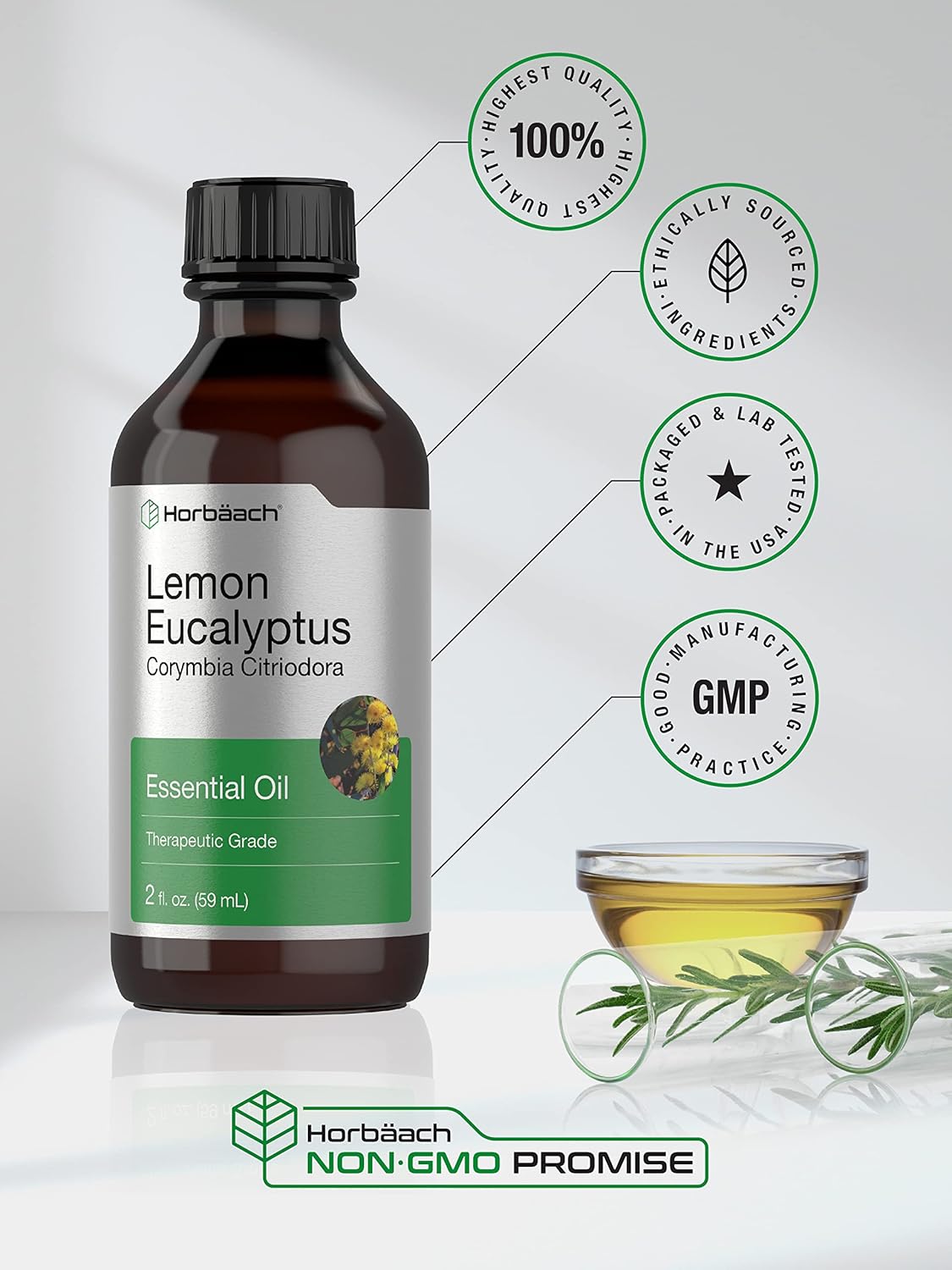 Horbäach Lemon Eucalyptus Essential Oil | 2 oz | for Massage, Bath, Diffuser, DIY Projects & More | from Lemon Eucalyptus Plant