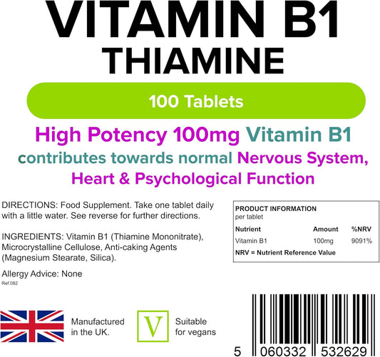 Lindens Vitamin B1 Thiamine Tablets - 100 Pack - For Heart, Immune And Psychological Function & Energy Release - Uk Manufacturer, Letterbox Friendly