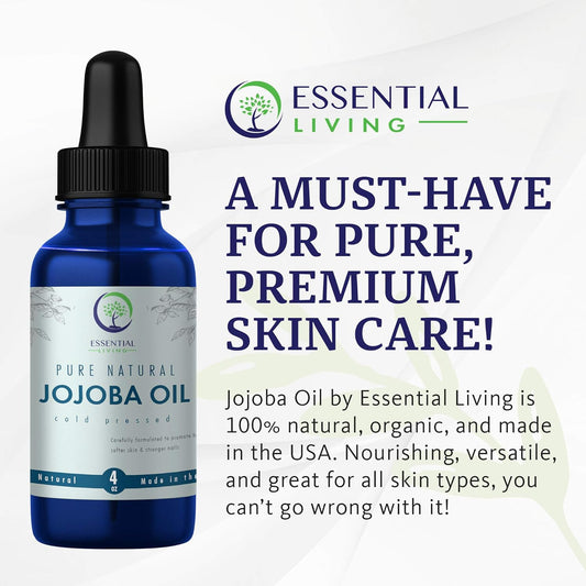 Essential Living: Organic Jojoba Oil - Pure Carrier Oil For All-Natural Skin Care, Moisturizer, Makeup Remover, Oil Cleansing And More - 4 Oz. - Cold Pressed - No Hexane - Made In The Usa